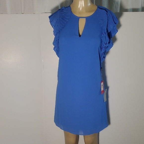 NWT Vince Camuto Pleated Sleeve Chiffon Float Shift Dress Periwinkle Blue Siz4